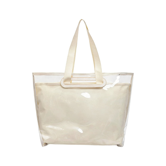 Tote Bag With Detachable PVC Cover - A tote bag with a detachable clear PVC cover, featuring cream handles and a beige interior.