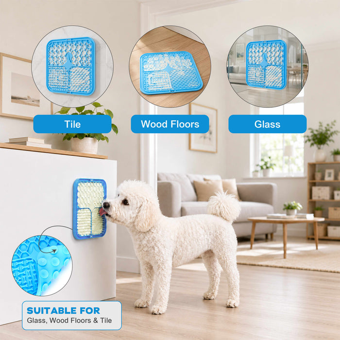 3-Section Dog Enrichment Lick Mat - A blue, three-section dog enrichment lick mat with textured surfaces, suitable for tiles, wood floors, and glass.