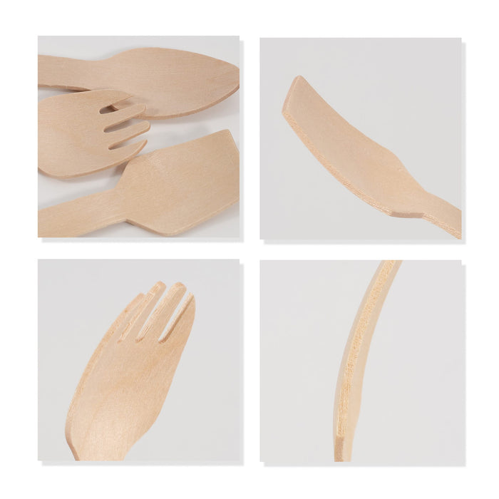 Pack of 100 Per Pack Disposable Birch Spoons/Forks (Small) - A pack of small disposable birch spoons and forks in a light natural wood finish, featuring various shapes and designs.