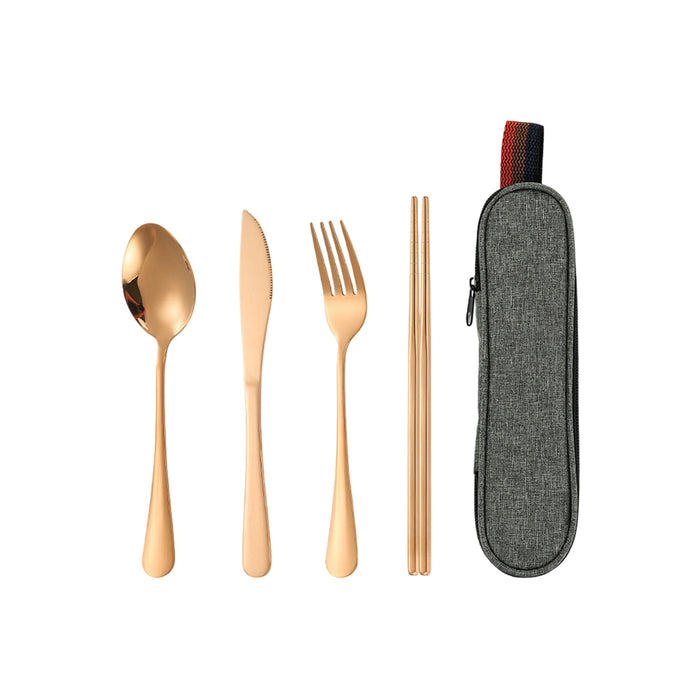 Travel Cutlery Set 4pcs - A travel cutlery set with a gold spoon, knife, fork, chopsticks, and a grey carrying case featuring a zip closure.