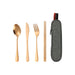 Travel Cutlery Set 4pcs - A travel cutlery set with a gold spoon, knife, fork, chopsticks, and a grey carrying case featuring a zip closure.