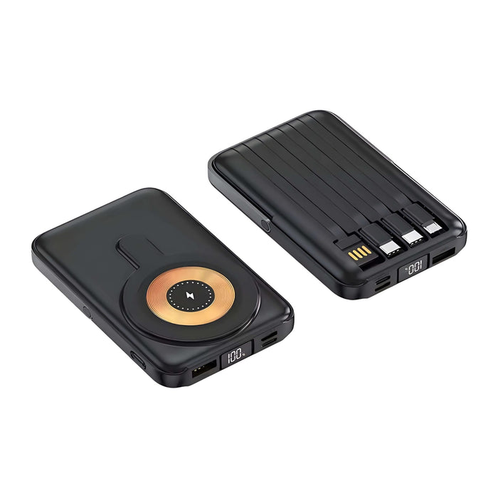 10000mAh 6 in 1 Magnetic Wireless  Power Bank - A black 10000mAh magnetic wireless power bank featuring multiple ports and a logo.