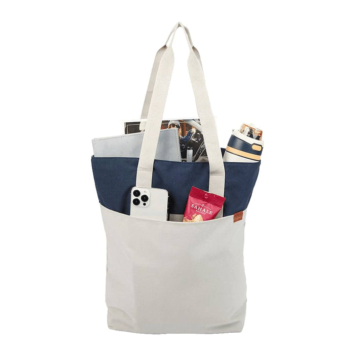 Field & Co.® Parks Day Tote - A white and navy tote bag with a drink bottle, phone, magazines, and a snack pack visible inside.