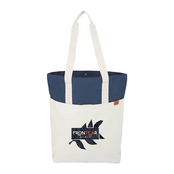 Field & Co.® Parks Day Tote - A tote bag with a cream body, navy blue top and straps, featuring a branded logo on the front.