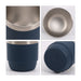 Stackable Stainless Steel Tumbler - A stackable navy blue stainless steel tumbler with a smooth interior and a flat base. It features a logo.