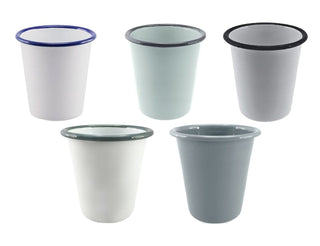 Falcon Enamel 300ml 9cm Tumbler - A collection of five enamel tumblers in white, light green, grey, and blue, each with contrasting rims and a logo.