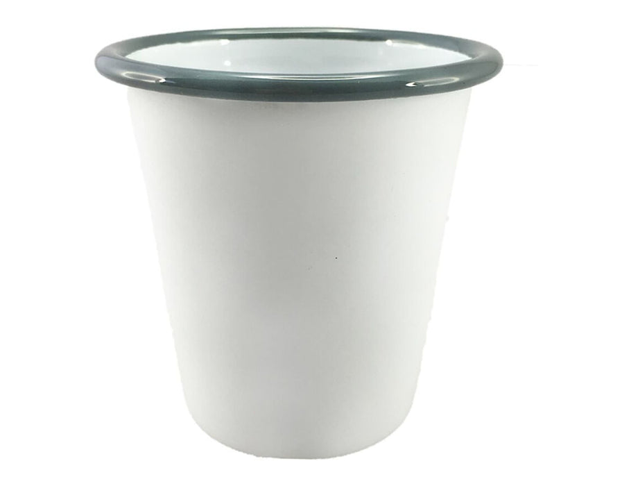 Falcon Enamel 300ml 9cm Tumbler - A white enamel tumbler with a dark green rim, featuring a logo on its surface.