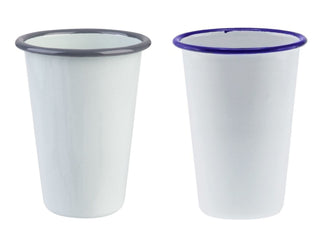 Falcon Enamel 425ml 8cm Tumbler - A drink tumbler featuring a white enamel finish with a black and blue rim. Two tumblers displayed side by side.
