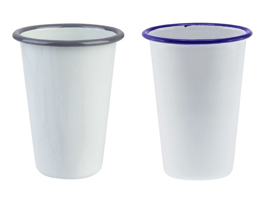 Falcon Enamel 425ml 8cm Tumbler - A drink tumbler featuring a white enamel finish with a black and blue rim. Two tumblers displayed side by side.