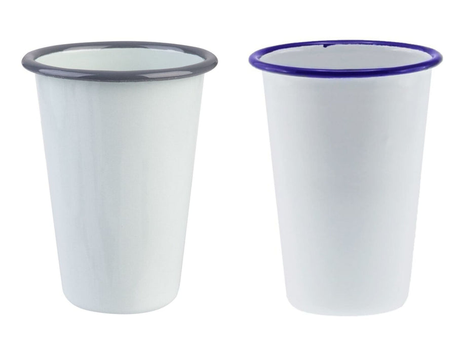 Falcon Enamel 425ml 8cm Tumbler - A drink tumbler featuring a white enamel finish with a black and blue rim. Two tumblers displayed side by side.