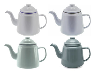 Falcon Enamel 950ml 12cm Teapot - A teapot set featuring four enamel designs in white and shades of green, each with a distinct handle and spout.