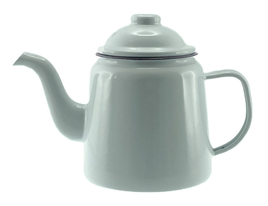 Falcon Enamel 950ml 12cm Teapot - A light grey enamel teapot with a lid and a curved spout, featuring a handle and a simple design.