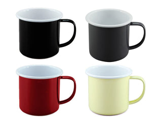 Falcon Enamel 350ml 8cm Two-Tone Mug - A set of four enamel mugs in black, red, yellow, and a two-tone black with white inside, each with a handle.