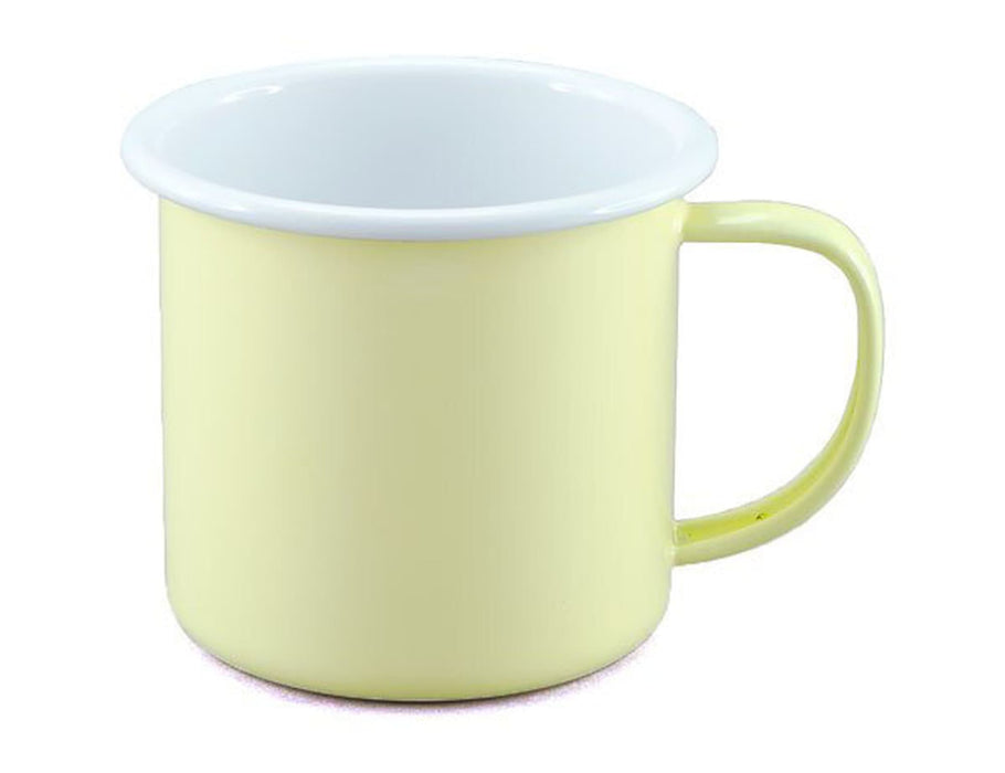 Falcon Enamel 350ml 8cm Two-Tone Mug - A two-tone yellow and white enamel mug with a handle, featuring a simple, smooth design.