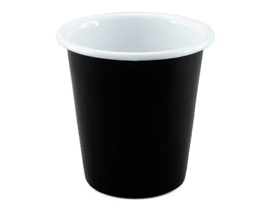 Falcon Enamel 300ml 8cm Tumbler - A black tumbler with a white interior, featuring a logo on the side.
