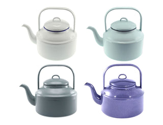 Falcon Enamel 2L 18cm Tea Kettle - A collection of four tea kettles in white, pastel blue, dark grey, and purple with a classic design and handles.