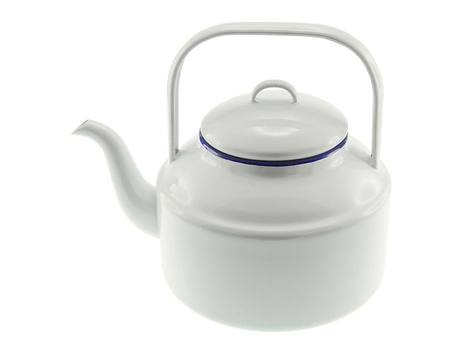 Falcon Enamel 2L 18cm Tea Kettle - A white enamel tea kettle with a purple band, featuring a curved handle and a spout. Branding visible on the kettle.