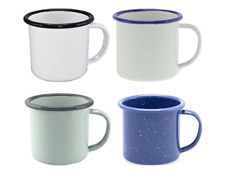 Falcon Enamel 125ml 6cm Espresso Mug - A set of four Falcon enamel espresso mugs in white, mint green, deep blue, and speckled blue, each with a contrasting rim.