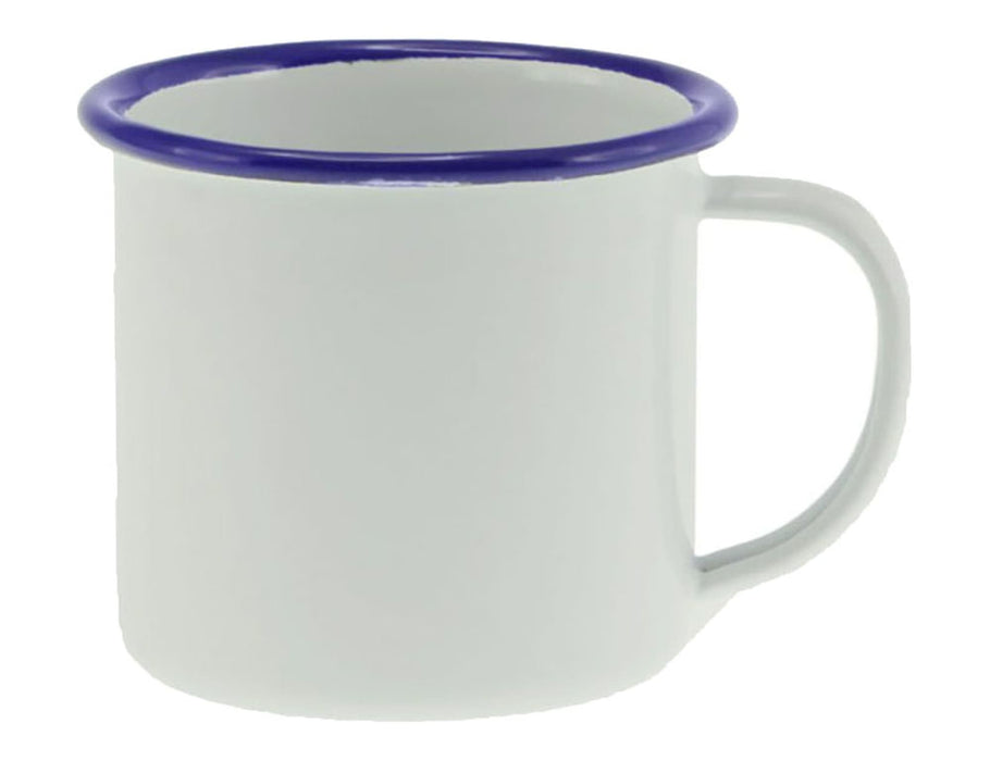 Falcon Enamel 125ml 6cm Espresso Mug - An enamel mug in white with a blue rim, featuring a handle and a glossy finish.