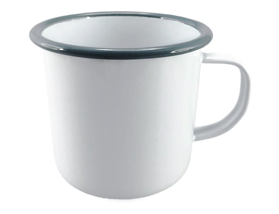 Falcon Enamel 500ml 9cm Mug - A white enamel mug with a grey rim and a handle, featuring a logo on the side. Suitable for beverages.