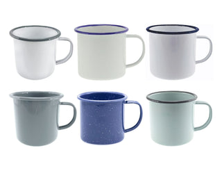 Falcon Enamel 350ml 8cm Mug - A set of six enamel mugs in various colours: white, grey, light blue, dark blue, and cream, featuring contrasting rims and handles.