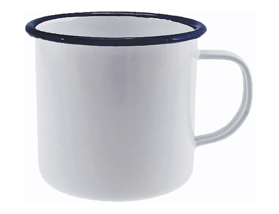 Falcon Enamel 350ml 8cm Mug - A white enamel mug with a blue rim, featuring a handle. The mug has a smooth, shiny finish and no visible branding.