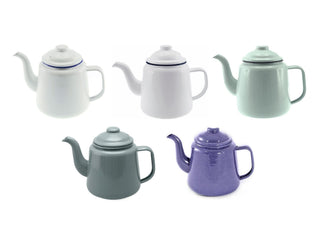 Falcon Enamel 1.5L 14cm Teapot - A collection of five teapots in various colours: white, pale green, grey, and purple, with one featuring a logo.