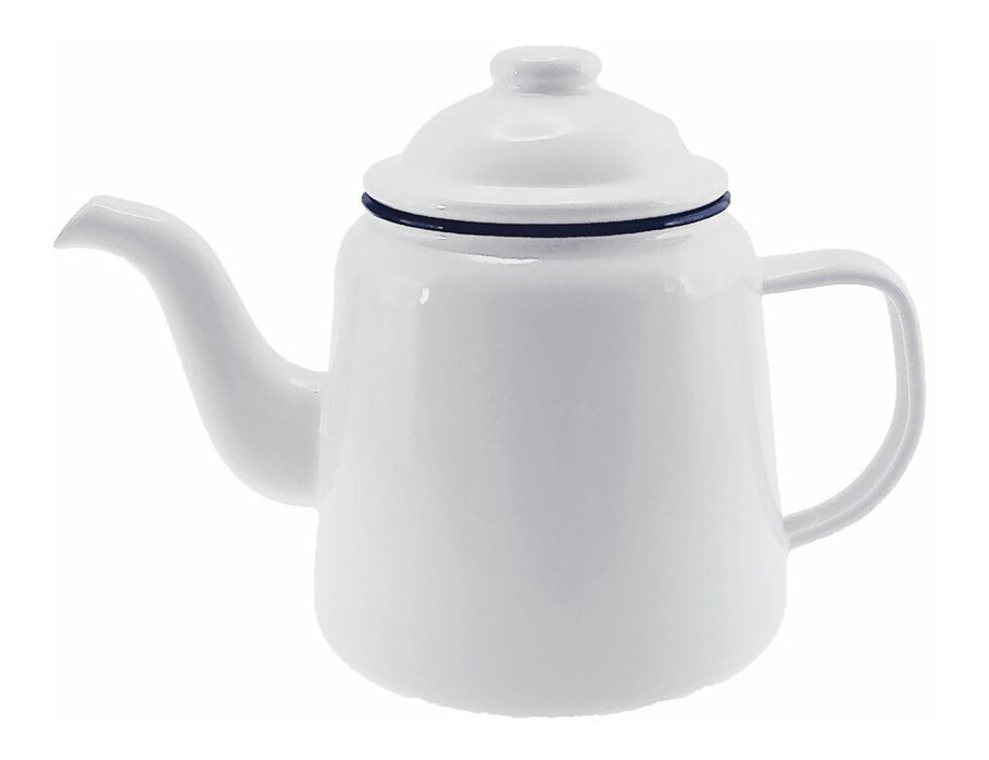 Falcon Enamel 1.5L 14cm Teapot - A white enamel teapot with a lid, featuring a blue rim and a spout for pouring. It has a handle and a simple design.