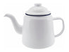 Falcon Enamel 1.5L 14cm Teapot - A white enamel teapot with a lid, featuring a blue rim and a spout for pouring. It has a handle and a simple design.