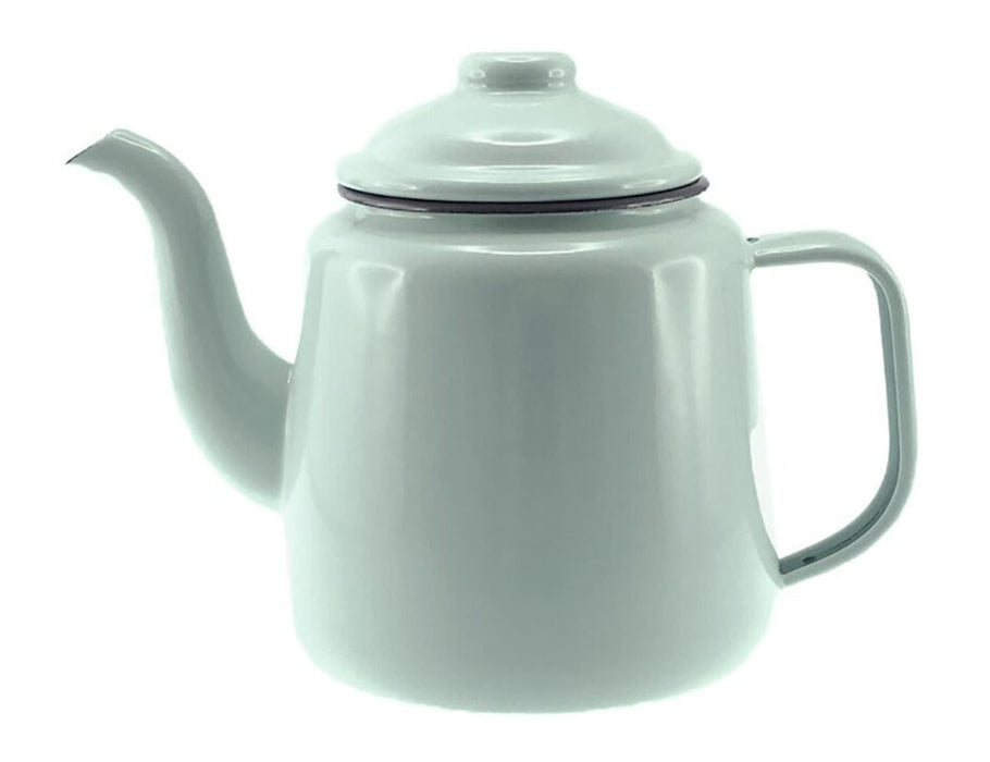 Falcon Enamel 1.5L 14cm Teapot - A light grey enamel teapot with a curved spout and a lid, featuring a sturdy handle and a glossy finish.