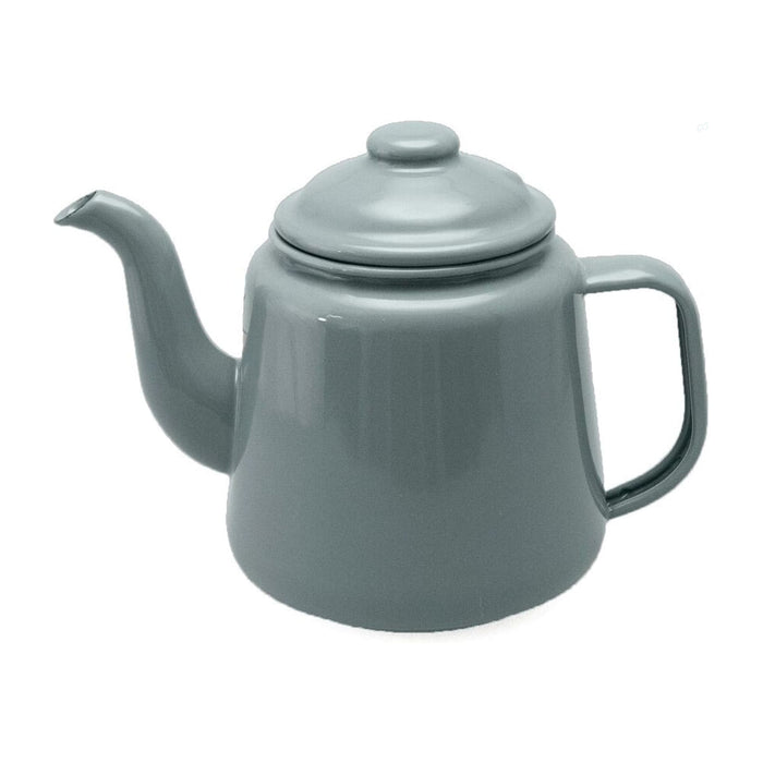 Falcon Enamel 1.5L 14cm Teapot - A grey enamel teapot with a spout and handle, featuring a lid and a smooth finish. Includes a logo.