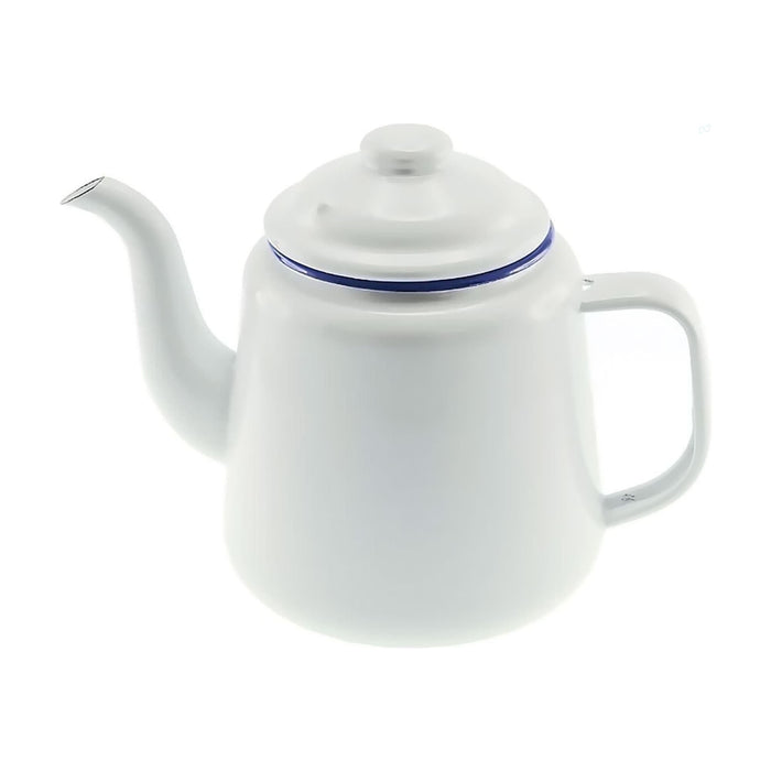 Falcon Enamel 1.5L 14cm Teapot - A white enamel teapot with a blue rim, featuring a spout and a lid. It has a sturdy handle and a simple design.