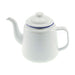 Falcon Enamel 1.5L 14cm Teapot - A white enamel teapot with a blue rim, featuring a spout and a lid. It has a sturdy handle and a simple design.