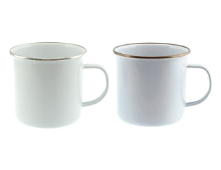 Falcon Enamel 500ml 9cm Rimmed Mug - Two rimmed enamel mugs, one white and one light blue, both featuring a gold trim and a handle.