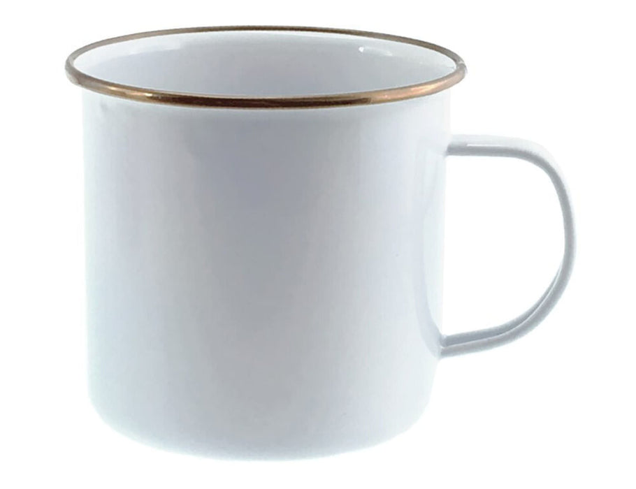 Falcon Enamel 500ml 9cm Rimmed Mug - A 500ml white enamel mug with a gold-rimmed edge and a handle. It features a logo.