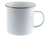 Falcon Enamel 500ml 9cm Rimmed Mug - A 500ml white enamel mug with a gold-rimmed edge and a handle. It features a logo.