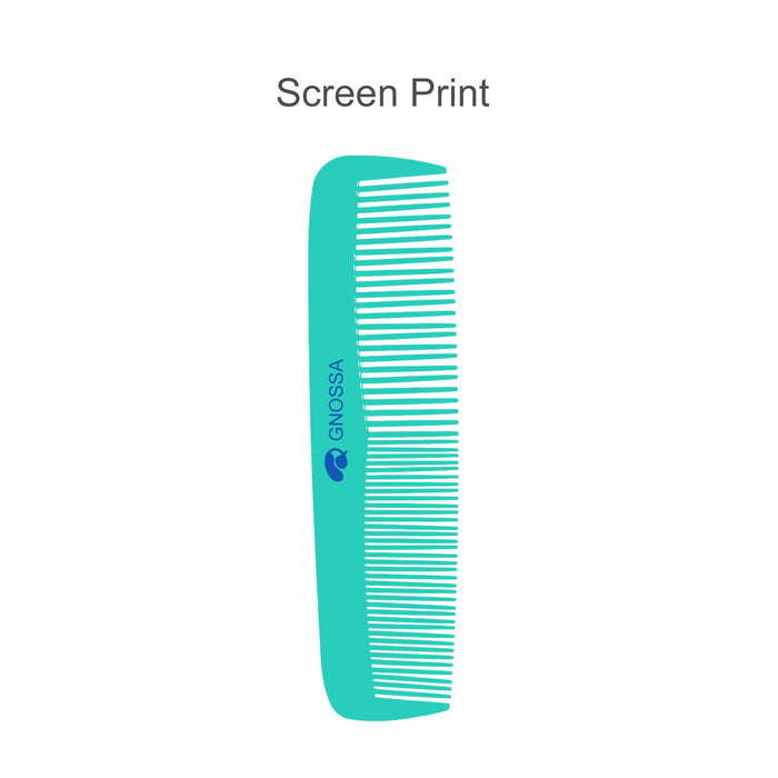 Custom Blended-Tooth Comb - A custom blended tooth comb in teal with a logo, featuring a smooth and fine-toothed design.