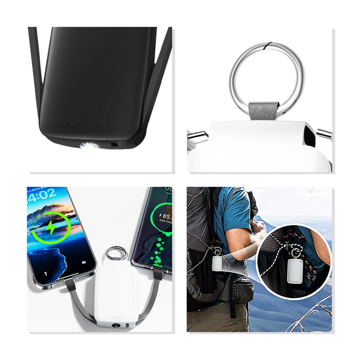 Mini Power Bank with Flashlight - A black and white mini power bank featuring a flashlight, USB ports, and a keyring attachment.