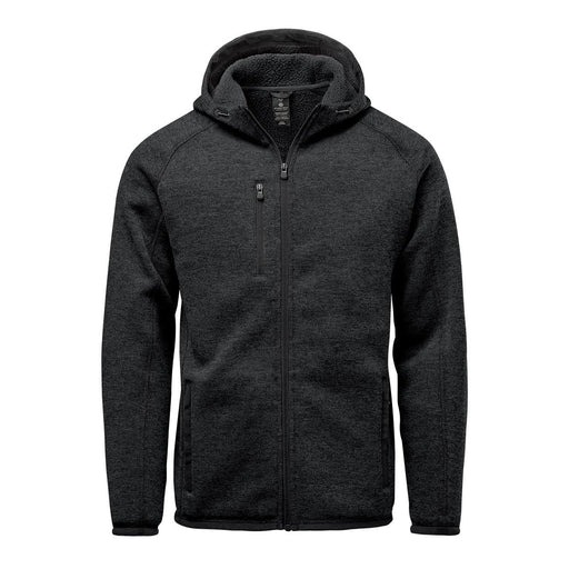 Men's Avalante Full Zip Fleece Hoody - A black full zip fleece hoody featuring a hood and multiple zippered pockets. It has a logo on the front.