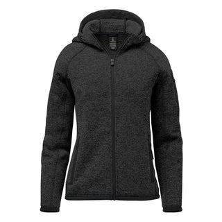 Women's Avalante Full Zip Fleece Hoody - A women's full zip fleece hoody in dark grey, featuring a hood and a zippered front. It has a logo on it.