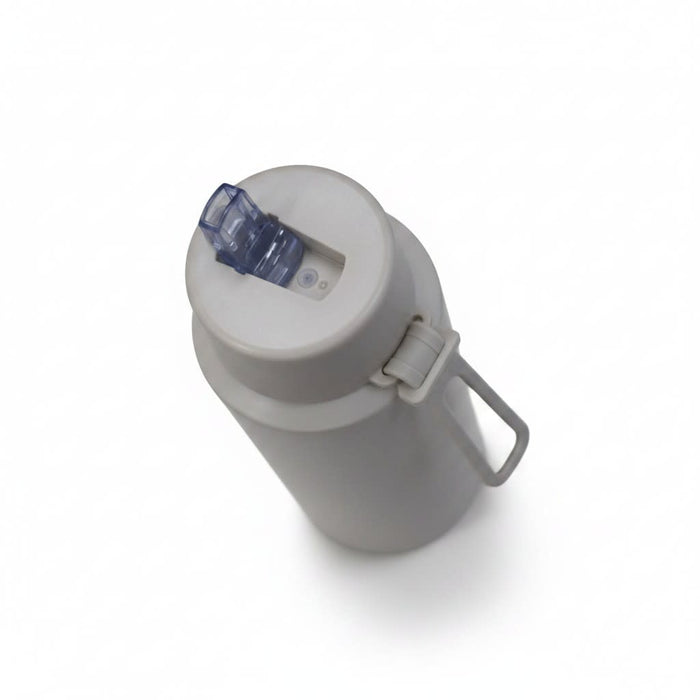 The Sofia 1L Bottle - A drink bottle in light grey with a blue spout and a handle, featuring a logo on the side.