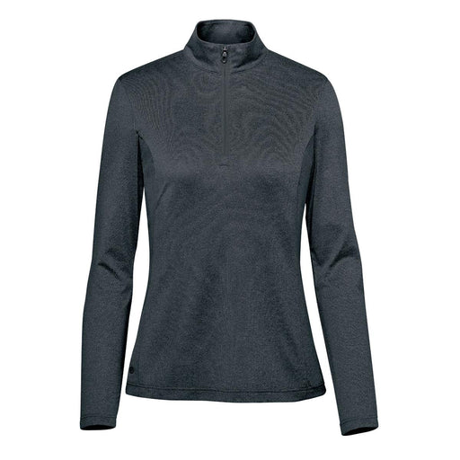 Women's Volante H2X-DRY 1/4 Zip Pullover - A women's pullover in dark grey with a 1/4 zip and long sleeves, featuring a logo on the side.
