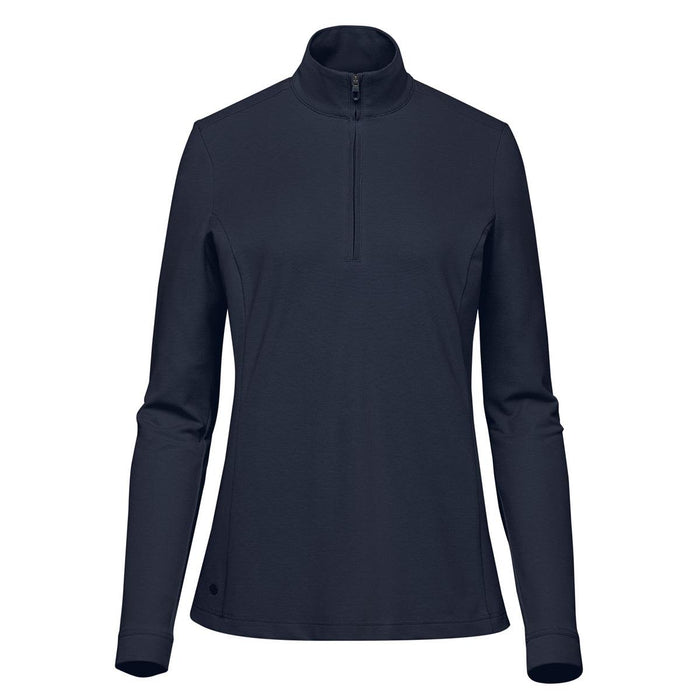 Women's Sonora 1/4 Zip Pullover - A navy women's pullover with a 1/4 zip and long sleeves, featuring a small logo on the side.