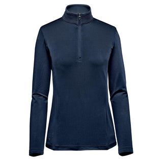Women's Zermatt 1/4 Zip Pullover - A women's 1/4 zip pullover in navy blue with long sleeves and a high collar, featuring a small logo.