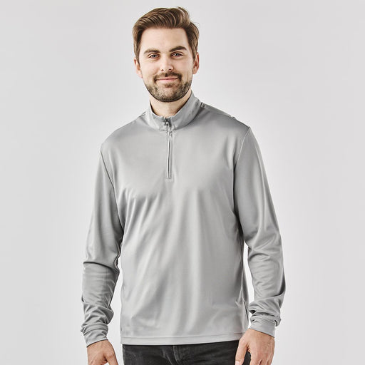 Men's Monterey 1/4 Zip Pullover - A grey men's pullover featuring a 1/4 zip and long sleeves, with a branding logo on the garment.