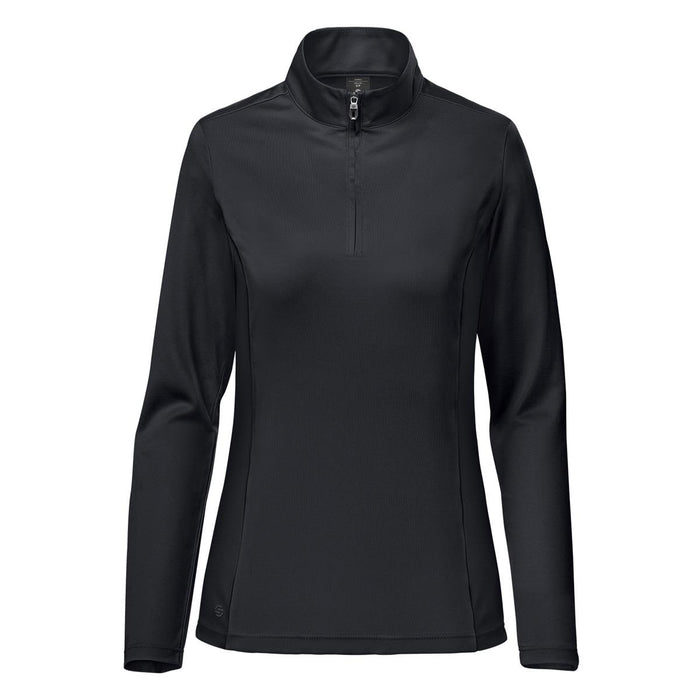 Women's Monterey 1/4 Zip Pullover - A women's black 1/4 zip pullover with long sleeves, featuring a logo on the side.
