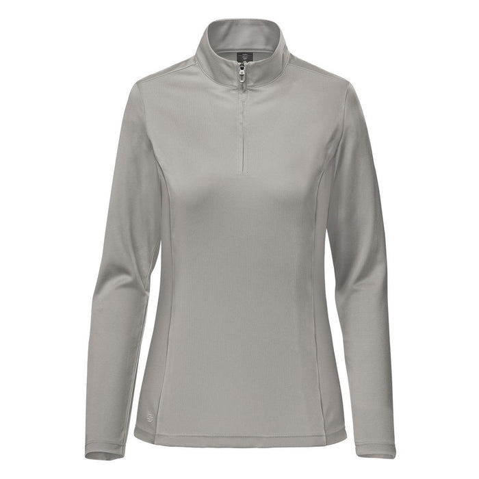 Women's Monterey 1/4 Zip Pullover - A women's light grey 1/4 zip pullover with long sleeves, featuring a collar and a discreet logo.