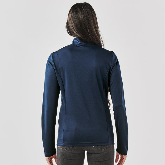 Women's Monterey 1/4 Zip Pullover - A navy blue women's pullover featuring a 1/4 zip design, viewed from the back. It has a simple, sleek silhouette.