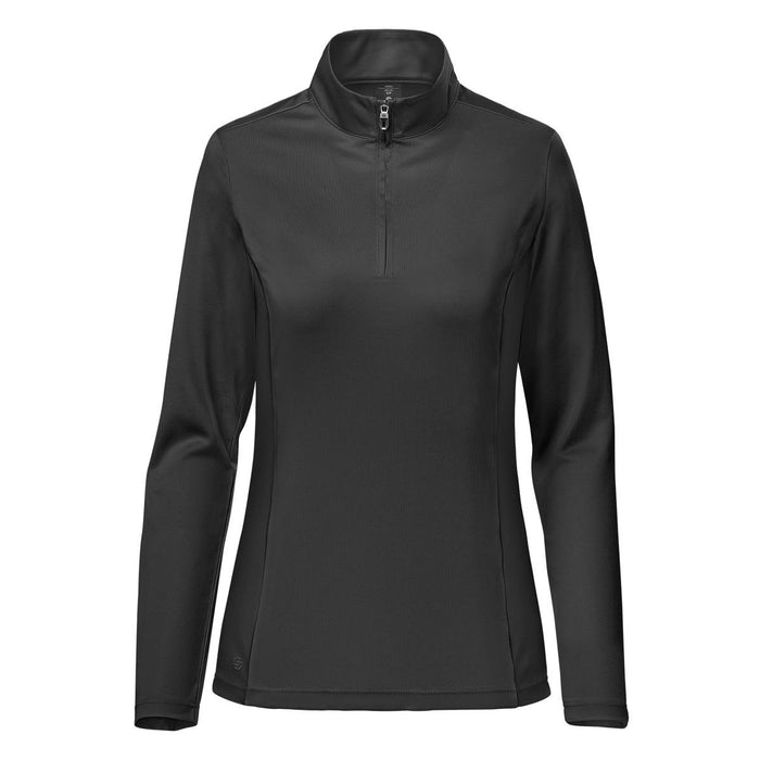 Women's Monterey 1/4 Zip Pullover - A black women's pullover with a 1/4 zip and long sleeves, featuring a sleek design and a logo.