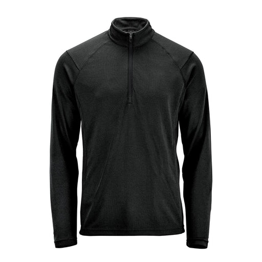 Men's Mesa 1/4 Zip Pullover - A black men's pullover featuring a 1/4 zip design and long sleeves. It has a logo on the front.